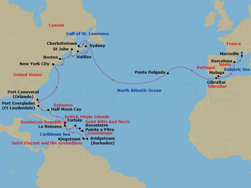 Route map: Marseille → Barcelona → Malaga → Gibraltar → Ponta Delgada (Azores) → CHARLOTTETOWN (CANADA) → SYDNEY Nova Scotia(Canada) → HALIFAX, NOVA SCOTIA (CANADA) → St John NB → BOSTON