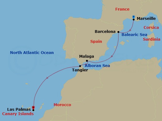Route map: Marseille → Barcelona → Malaga → Tangier → Las Palmas (Gran Canaria)
