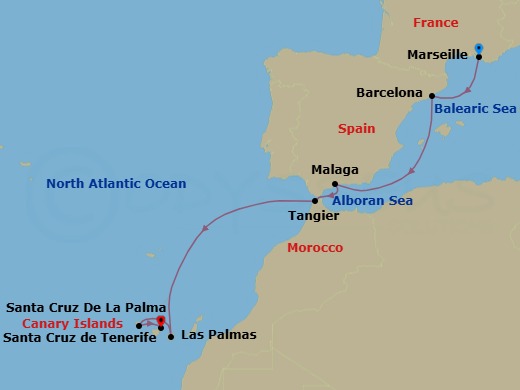 Route map: Marseille → Barcelona → Malaga → Tangier → Las Palmas (Gran Canaria) → STCRUZ DE LA PALMA → Santa Cruz (Tenerife)