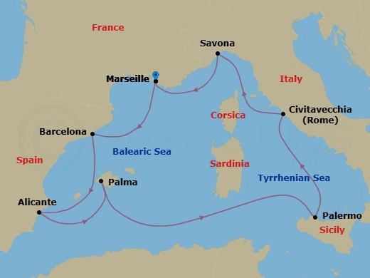 Route map: Marseille → Barcelona → Alicante → PALMA DE MALLORCA → Palermo → Civitavecchia (Rome) → Savona → Marseille