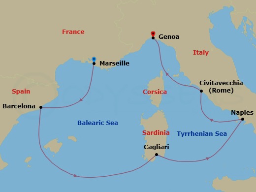 Route map: Marseille (France) → Barcelona (Spain) → Balearic Sea Darkest Spot → Cagliari (Italy) → Naples (Italy) → Civitavecchia | Rome → Genoa | Portofino