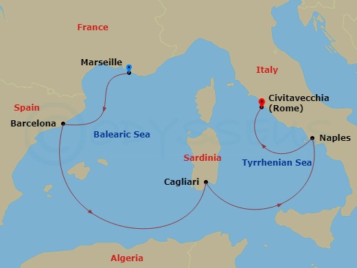 Route map: Marseille → Barcelona → Cagliari → Naples → Rome (Civitavecchia)