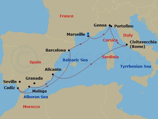 Route map: Marseille (Provence) France → Barcelona Spain → Cadiz (Seville) Spain → Malaga (Granada) Spain → Alicante Spain → Civitavecchia (Rome) Italy → Genoa (Portofino) Italy → Marseille (Provence) France