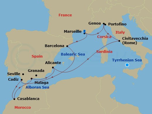 Route map: Marseille (Provence) France → Barcelona Spain → Cadiz (Seville) Spain → Casablanca (Marrakech) Morocco → Malaga (Granada) Spain → Alicante Spain → Civitavecchia (Rome) Italy → Genoa (Portofino) Italy → Marseille (Provence) France