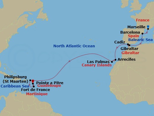 Route map: Marseille → Barcelona → Gibraltar → Cadiz → Arrecife (Lanzarote) → Las Palmas (Gran Canaria) → Philipsburg → Fort-de-France → Pointe-a-Pitre