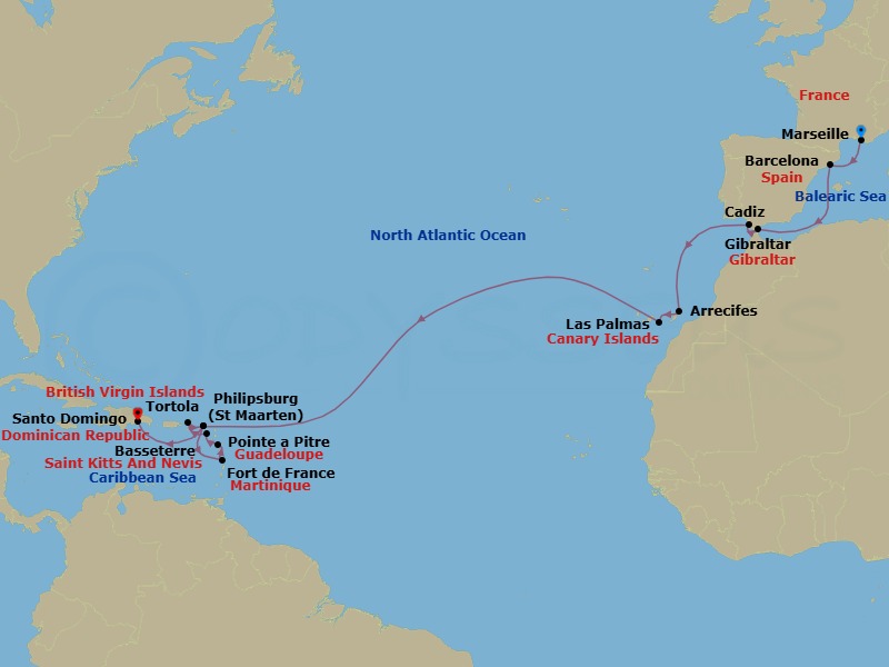 Route map: Marseille → Barcelona → Gibraltar → Cadiz → Arrecife (Lanzarote) → Las Palmas (Gran Canaria) → Philipsburg → Fort-de-France → Pointe-a-Pitre → Basseterre (Saint Kitts)