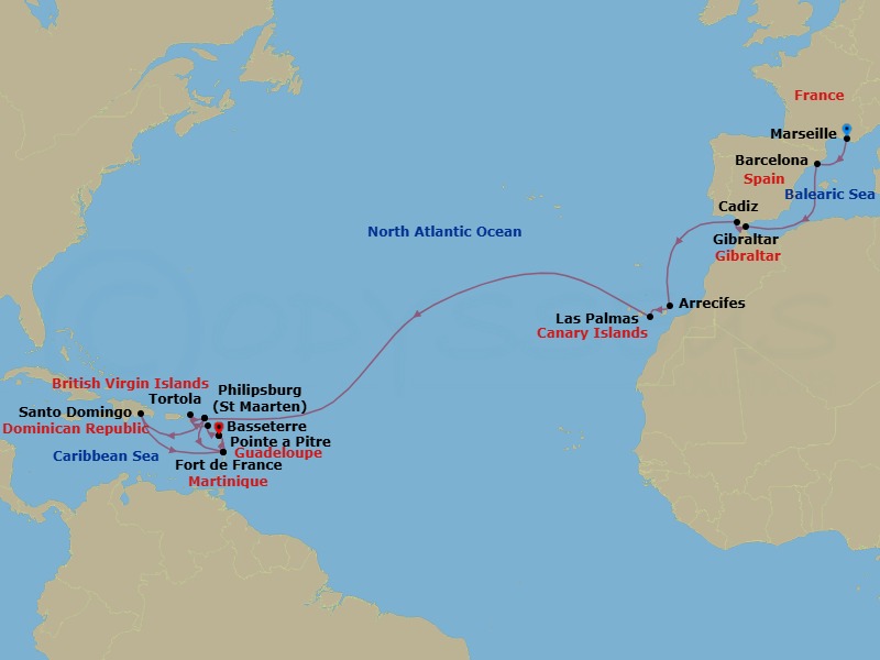 Route map: Marseille → Barcelona → Gibraltar → Cadiz → Arrecife (Lanzarote) → Las Palmas (Gran Canaria) → Philipsburg → Fort-de-France → Pointe-a-Pitre → Basseterre (Saint Kitts)