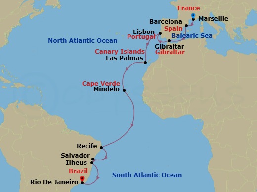 Route map: Marseille → Barcelona → Gibraltar → Lisbon → Las Palmas (Gran Canaria) → Mindelo (Sao Vicente) → Recife → SALVADOR BAHIA → ILHEUS → Rio de Janeiro