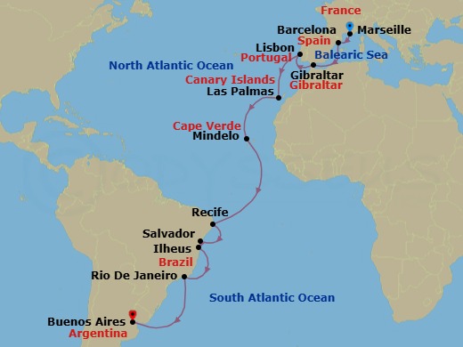 Route map: Marseille → Barcelona → Gibraltar → Lisbon → Las Palmas (Gran Canaria) → Mindelo (Sao Vicente) → Recife → SALVADOR BAHIA → ILHEUS → Rio de Janeiro