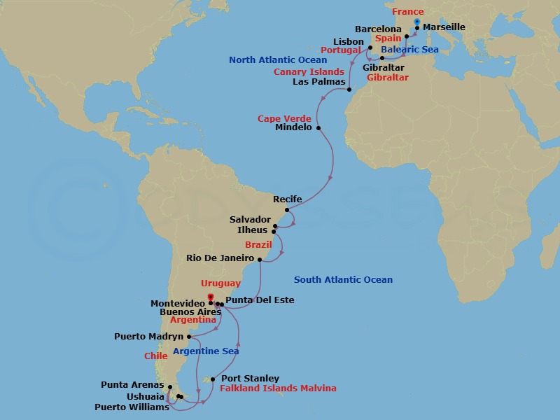 Route map: Marseille → Barcelona → Gibraltar → Lisbon → Las Palmas (Gran Canaria) → Mindelo (Sao Vicente) → Recife → SALVADOR BAHIA → ILHEUS → Rio de Janeiro