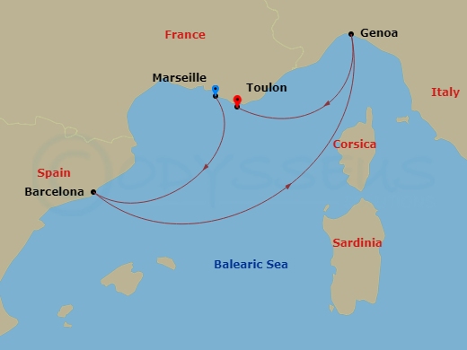 Route map: Marseille → Barcelona → Genova (Portofino) → La Seyne(StTropez)