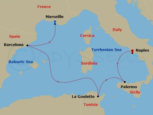 Route map: Marseille (Provence) France → Barcelona Spain → La Goulette Tunisia → Palermo (Monreale) Italy → Naples (Pompeii) Italy