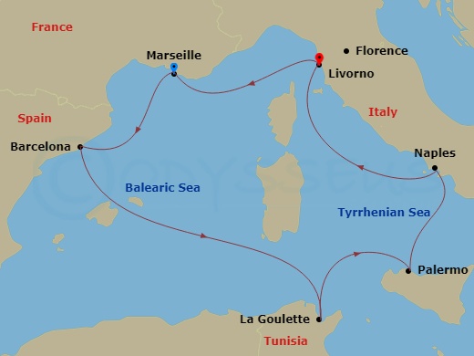 Route map: Marseille (Provence) France → Barcelona Spain → La Goulette Tunisia → Palermo (Monreale) Italy → Naples (Pompeii) Italy → Livorno (Florence) Italy
