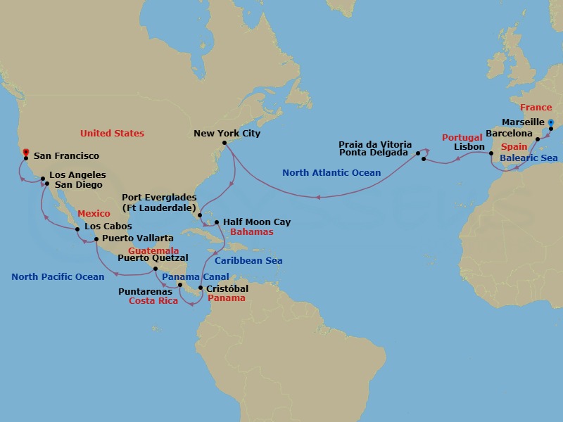 Route map: Marseille → Barcelona → Lisbon → Ponta Delgada (Azores) → Praia da Vitoria (Azores) → NEW YORK → PORT EVERGLADES → Half Moon Cay → Panama City → Puntarenas