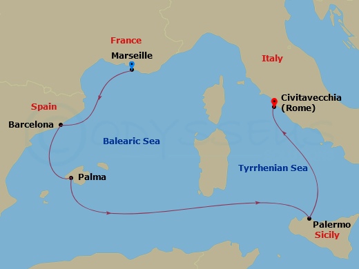 Route map: Marseilles (France) → Barcelona (Spain) → Palma De Mallorca (Spain) → Palermo (Sicily) → Civitavecchia | Rome