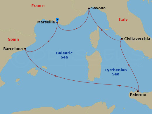 Route map: Marseille → Barcelona → Palermo → Civitavecchia (Rome) → Savona → Marseille