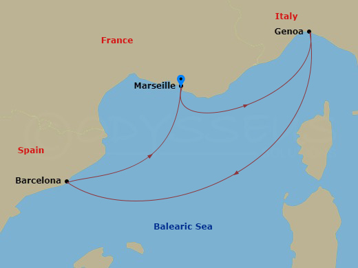 Route map: Marseille (Provence) France → Genoa (Portofino) Italy → Barcelona Spain → Marseille (Provence) France