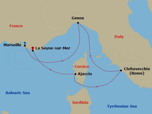 Route map: Marseille → Genova (Portofino) → Civitavecchia (Rome) → Ajaccio (Corsica) → La Seyne(StTropez)