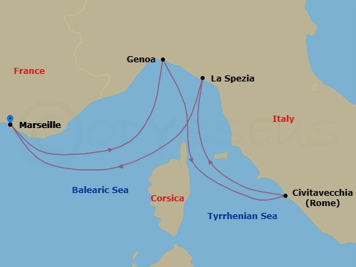Route map: Marseille (Provence) France → Genoa (Portofino) Italy → Civitavecchia (Rome) Italy → La Spezia (Cinque Terre) Italy → Marseille (Provence) France
