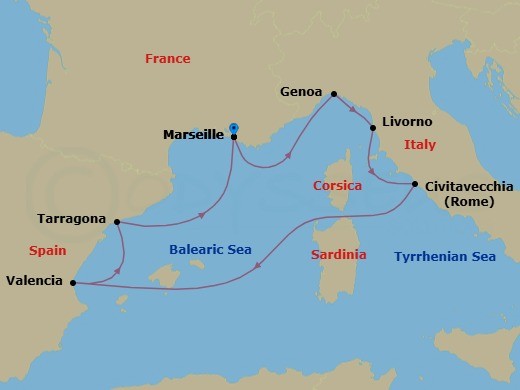 Route map: Marseille (Provence) France → Genoa (Portofino) Italy → Livorno (Florence) Italy → Civitavecchia (Rome) Italy → Valencia Spain → Tarragona Spain → Marseille (Provence) France