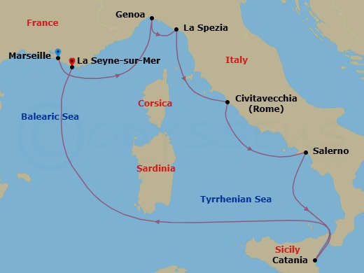 Route map: Marseille → Genova (Portofino) → La Spezia (Florence) → Civitavecchia (Rome) → Salerno (Amalfi Coast) → Catania → La Seyne(StTropez)