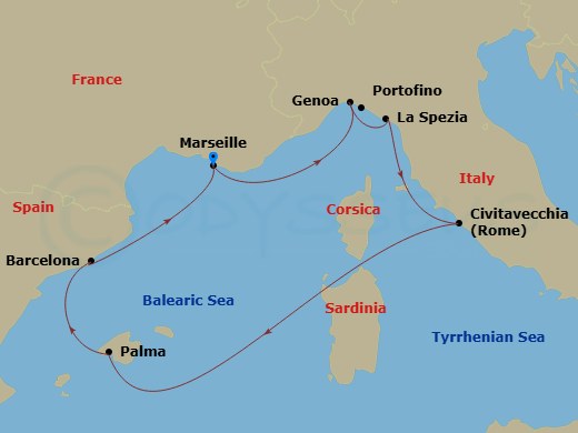 Route map: Marseille (Provence) France → Genoa (Portofino) Italy → La Spezia (Cinque Terre) Italy → Civitavecchia (Rome) Italy → Palma de Mallorca (Baleari Is.) Spain → Barcelona Spain → Marseille (Provence) France