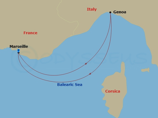 Route map: Marseille (Provence) France → Genoa (Portofino) Italy → Marseille (Provence) France