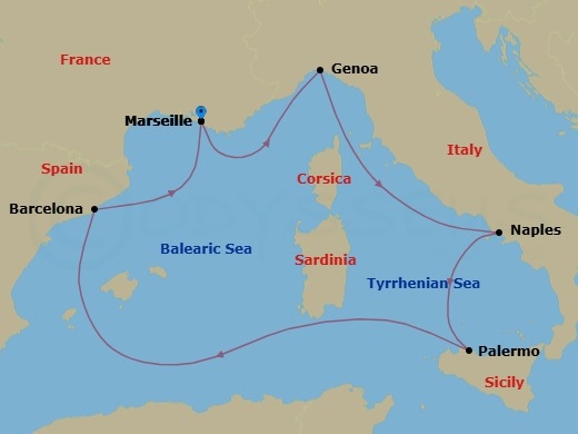 Route map: Marseille (Provence) France → Genoa (Portofino) Italy → Naples (Pompeii) Italy → Palermo (Monreale) Italy → Barcelona Spain → Marseille (Provence) France