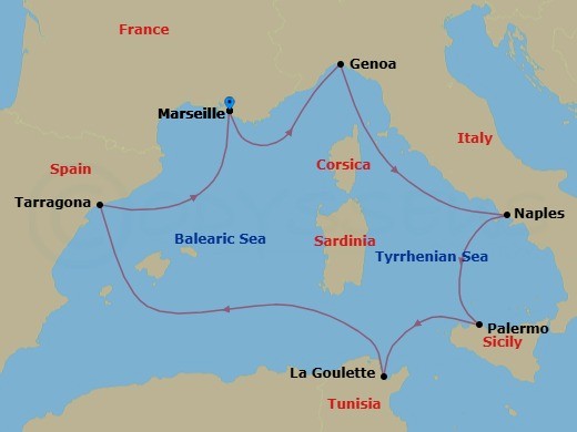 Route map: Marseille (Provence) France → Genoa (Portofino) Italy → Naples (Pompeii) Italy → Palermo (Monreale) Italy → La Goulette Tunisia → Tarragona Spain → Marseille (Provence) France