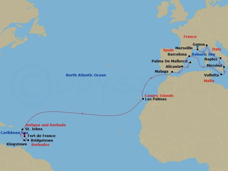 Route map: Marseille → Genoa → Naples → Messina → Valletta → Barcelona → Palma De Mallorca → Alicante → Malaga → Las Palmas