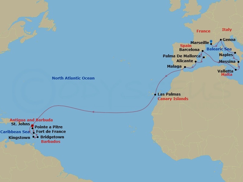 Route map: Marseille → Genoa → Naples → Messina → Valletta → Barcelona → Palma De Mallorca → Alicante → Malaga → Las Palmas