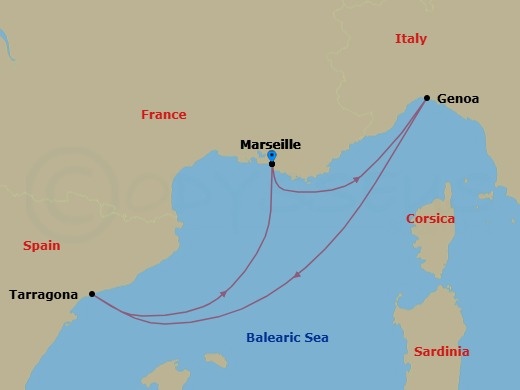 Route map: Marseille (Provence) France → Genoa (Portofino) Italy → Tarragona Spain → Marseille (Provence) France