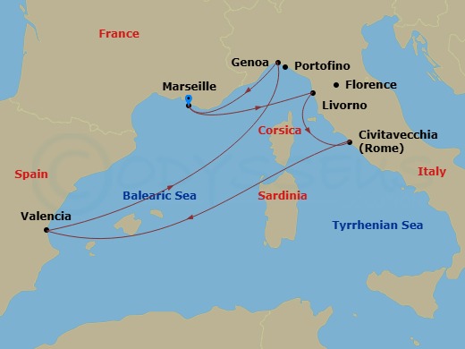 Route map: Marseille (Provence) France → Livorno (Florence) Italy → Civitavecchia (Rome) Italy → Valencia Spain → Genoa (Portofino) Italy → Marseille (Provence) France