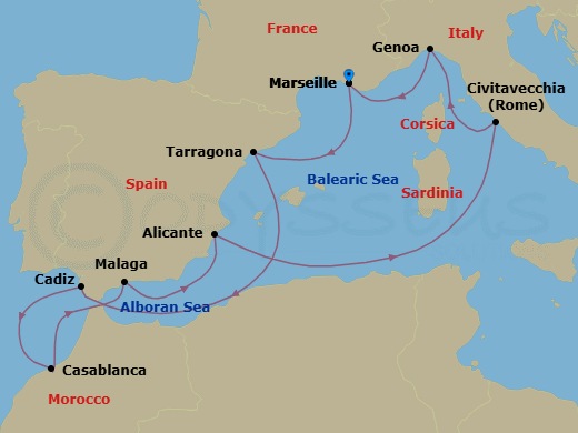Route map: Marseille (Provence) France → Tarragona Spain → Cadiz (Seville) Spain → Casablanca (Marrakech) Morocco → Malaga (Granada) Spain → Alicante Spain → Civitavecchia (Rome) Italy → Genoa (Portofino) Italy → Marseille (Provence) France