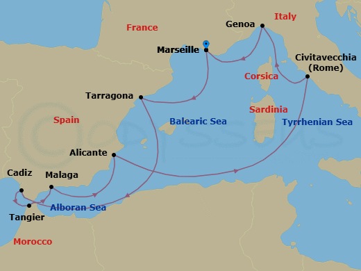 Route map: Marseille (Provence) France → Tarragona Spain → Cadiz (Seville) Spain → Tangier (Tetouan) Morocco → Malaga (Granada) Spain → Alicante Spain → Civitavecchia (Rome) Italy → Genoa (Portofino) Italy → Marseille (Provence) France