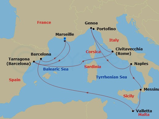 Route map: Marseille (Provence) France → Tarragona Spain → Civitavecchia (Rome) Italy → Genoa (Portofino) Italy → Naples (Pompeii) Italy → Messina (Taormina) Italy → La Valletta Malta → Barcelona Spain → Marseille (Provence) France
