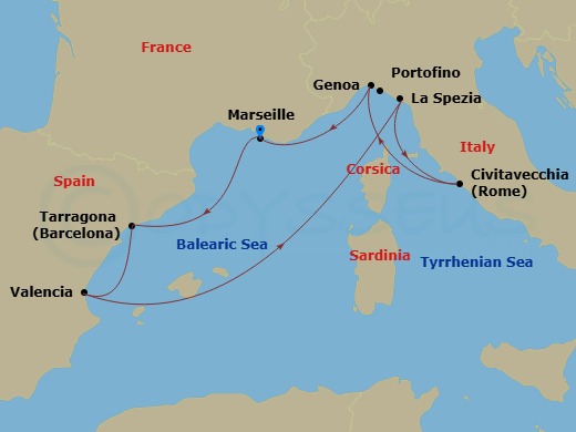 Route map: Marseille (Provence) France → Tarragona Spain → Valencia Spain → La Spezia (Cinque Terre) Italy → Civitavecchia (Rome) Italy → Genoa (Portofino) Italy → Marseille (Provence) France