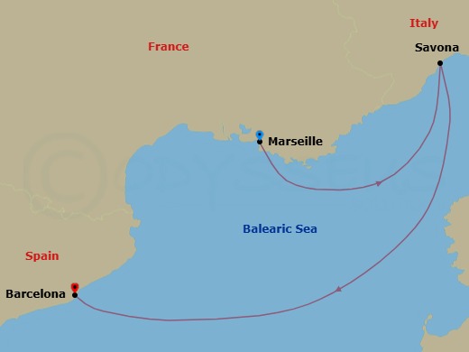 Route map: Marseille → Savona → Barcelona