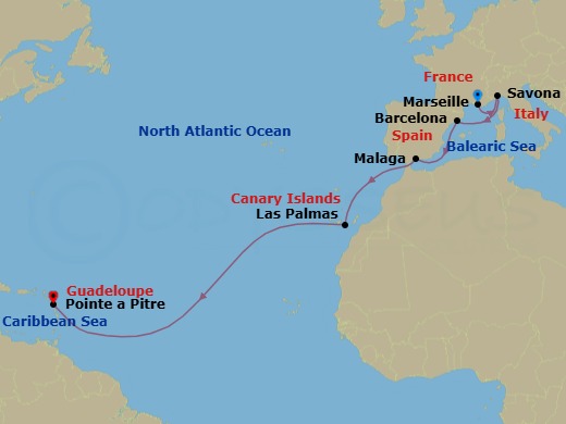 Route map: Marseille → Savona → Barcelona → Malaga → Las Palmas (Gran Canaria) → Pointe-a-Pitre