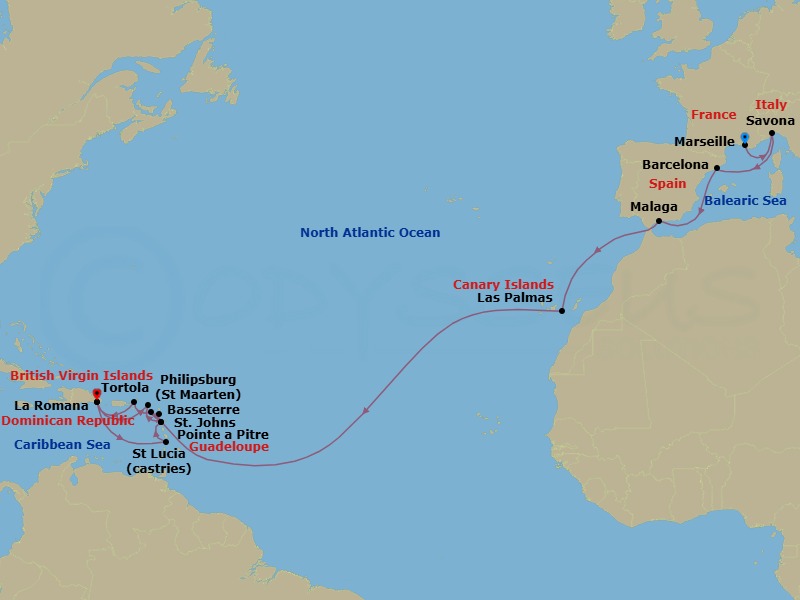 Route map: Marseille → Savona → Barcelona → Malaga → Las Palmas (Gran Canaria) → Pointe-a-Pitre → Philipsburg → La Romana → Castries → Pointe-a-Pitre