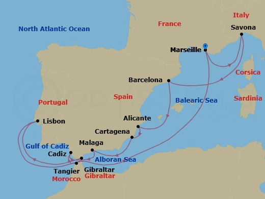 Route map: Marseille → Savona → Barcelona → Alicante → Cartagena → Malaga → Tangier → Cadiz → Gibraltar → Lisbon