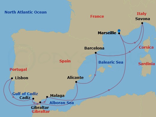 Route map: Marseille → Savona → Barcelona → Alicante → Lisbon → Cadiz → Gibraltar → Malaga → Marseille
