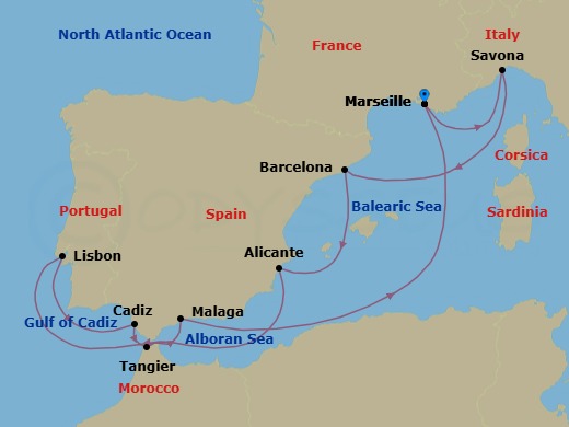 Route map: Marseille → Savona → Barcelona → Alicante → Lisbon → Cadiz → Tangier → Malaga → Marseille