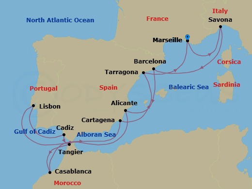 Route map: Marseille → Savona → Barcelona → Alicante → Lisbon → Cadiz → Tangier → Casablanca → Cartagena → TARRAGONA