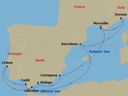 Route map: Marseille (France) → Savona (Italy) → Barcelona (Spain) → Cadiz (Spain) → Lisbon (Portugal) → Gibraltar (Uk) → Malaga (Spain) → Cartagena (Spain) → Marseille (France)