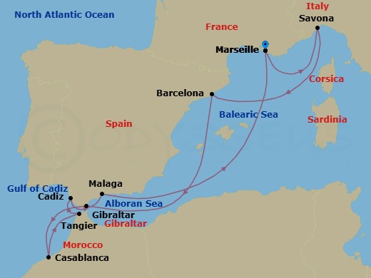 Route map: Marseille → Savona → Barcelona → Gibraltar → Casablanca → Tangier → Cadiz → Malaga → Marseille