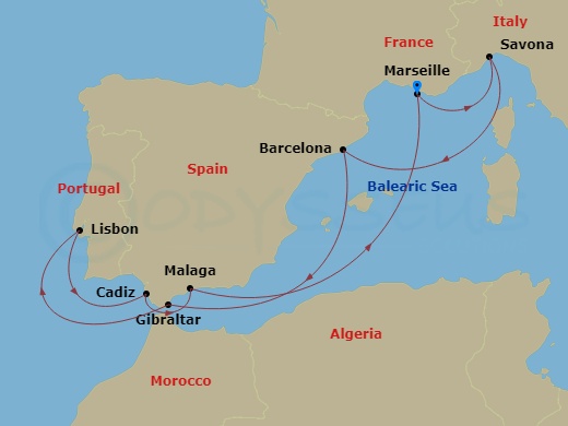 Route map: Marseille → Savona → Barcelona → Gibraltar → Lisbon → Cadiz → Malaga → Marseille