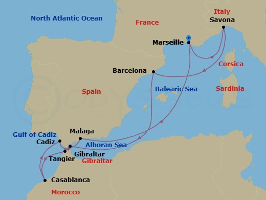 Route map: Marseille → Savona → Barcelona → Gibraltar → Tangier → Casablanca → Cadiz → Malaga → Marseille
