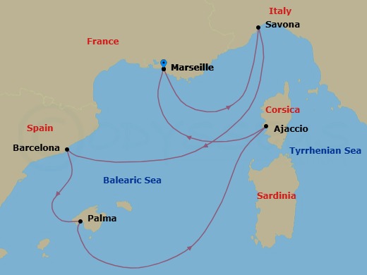 Route map: Marseille → Savona → Barcelona → PALMA DE MALLORCA → Ajaccio (Corsica) → Marseille