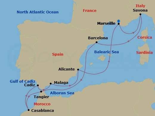 Route map: Marseille → Savona → Barcelona → Tangier → Casablanca → Cadiz → Malaga → Alicante → Marseille